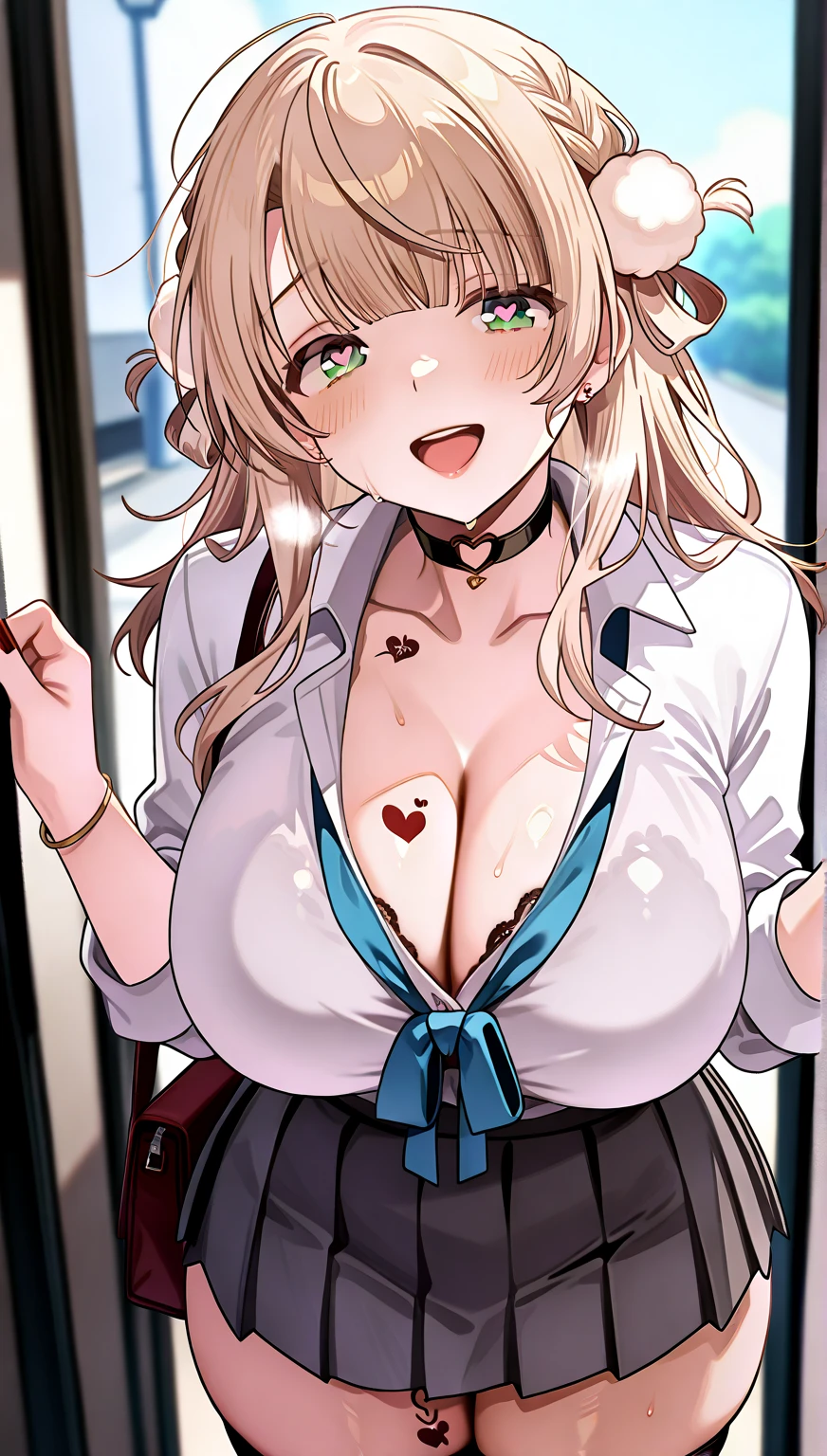 (Ultra-high resolution of the highest quality, masutepiece, Best Quality, 8K, Super Detail, Best Quality:1.3), (1 woman:1.2), (large breasts:1.1), (drooping eyes), blush cheek, long hair, (brown hair),dark red ribbon, (white blouse, unbutton blouse, navy blue skirt:1.7), (white lace bra:1.4), (school bag:1.2), (in crowded train:1.8), front view, beautiful hair, beautiful face, beautiful eyes, beautiful body, beautiful hands, (erect nipples), (orgasm:1.4), (clothed:1.6), (crying:1.4), (hair over eyes:1.6), (face focus, facial cum, bukkake), (looking up:1.2), (from above:1.2), (standing),(large amount of liquid spills from the crotch, Urine in the ground, white peeing :1.5),squarting love juive, open legs, (A large group of gentlemen grab the girl's chest:1.8), (arms up, leg up:1.4), {detailed uncensored} {{{pussy and vagina and labia minora and vaginal entrance and hymen}}} and cervix are visible through the panties,(cum on clotes, cum on face, ,skirt lift:1.5)