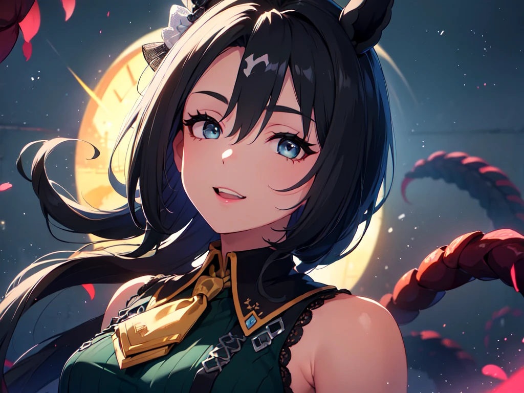 masterpiece、Highest Resolution、Highest quality、Highest quality、Thin brush painting、anime、sharp、sharp化、sharp効果、solo。Adult woman with horse ears。Dark green dress、Dark green shoulderless dress。Dark brown shorts、Dark brown pantyhose。Black cloak。Moonlit night starry sky background、breeze、Chest centered。Dark lipstick、Grinning face、Beautiful breasts、Touch your head with your hand。Brown Eyes。Brown Hair、Long Hair、Half Twin、Half Up。hair ornaments。
