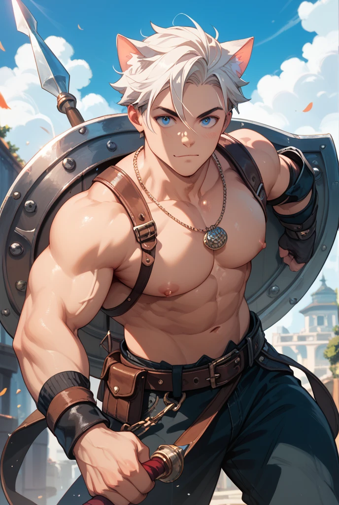 Assassin, mercenary clothes, male, silver hair, red eyes, side pose, muscular, holding a knife in hand, high res, 8k, beautiful image, abadoned building background, beautifully drawn, oil painting style. anime, realsim style.