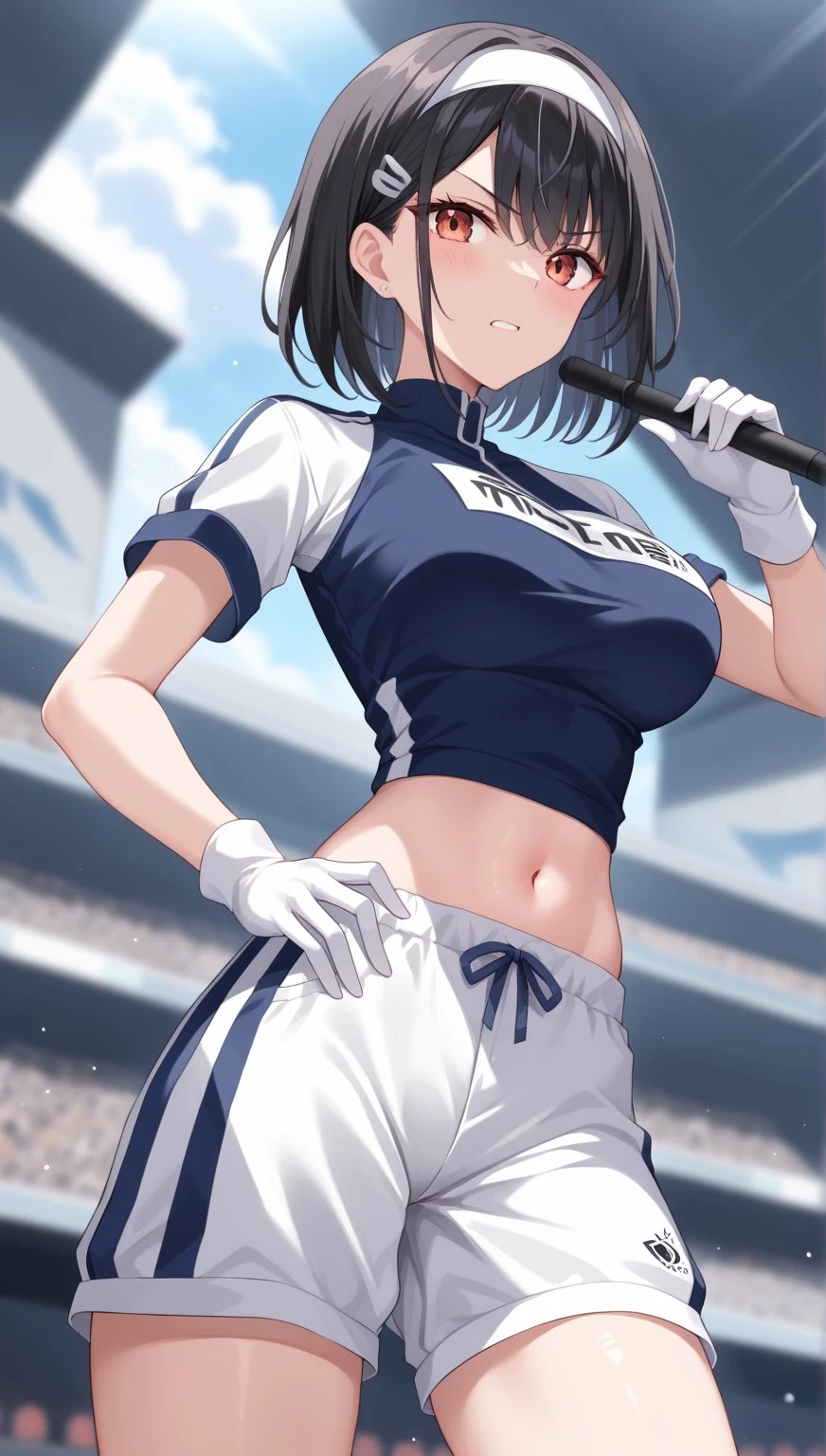 Highest quality, Soft Light, Ultra-high resolution,People Girls, alone, sexy, (Toothy smile), (Yellow Eyes), Beautiful face in every detail,(High resolution detail of human skin texture), (Brown medium hair),(Sweat:1.2),(masterpiece:1.3),(Realistic:1.2),(Open your mouth:1.1),Sportswear,shorts,Open your arms
