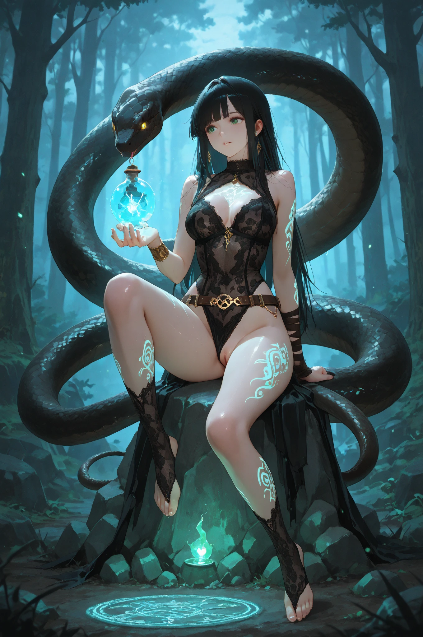 Full body, EVA Rapunzel girl with graceful figure with black hair in the Garden of Eden, girl's body sexy, legs long and graceful, graceful ankles, in the background tree of life on which serpent tempts and red apple of life knowledge, serpent tempts girl, photorealism, super detailed, site 500px, contrast lighting, outline around girl, fill light is soft, 32k