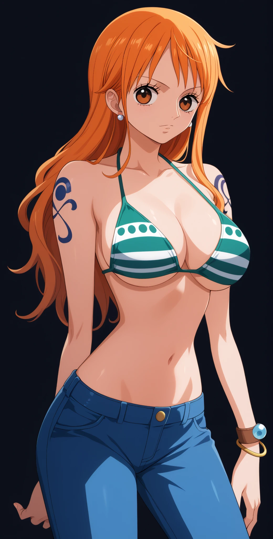 ship deck detailed background, top view shot, masterpiece, 4k, epic, best quality, late youth, adult, milf, athlete body, 1girl, ((wide open mouth, on deck floor, completely lying down, lying down on her back, knocked out, closed eyes, left hand straight left, right hand straight right)) , solo, nami \(one piece\), 1girl, bangle, (very wet, drenched in sweat, sweat all over body, very missy hair, tired, open mouth, exhausted, sweaty face, sweaty body, bruises, injury, feeling hot, sweating too much, shiny sweat, serious, hurt, glaring, closed eyes, looking up, perfect detailed face, round face, sweat on face) bold drawing lines, muscular arms, detailed bold arm lines, flat jaw, adult woman, wavy wide streaked bangs, floating bang, (big cheeks), bare shoulders, off-shoulders, belt, bikini, bikini top only, bracelet, springy breasts, breast lines, big round eyes, very big brown shiny eyes, bubbles, high eye position, cleavage, day, denim, earrings, floating hair, shiny hair, green belt, green bikini, bold groin lines, jeans, jewelry, medium breasts, log pose, long hair, looking at viewer, long navel, wet hair, orange hair, pants, shoulder tattoo, sidelocks, sky, solo, stomach, swimsuit, tattoo, detailed arms, big forehead, hourglass figure, small head, toned body, wide hair, wind effect, sun effect, under the sun, narrow small ears angle, older