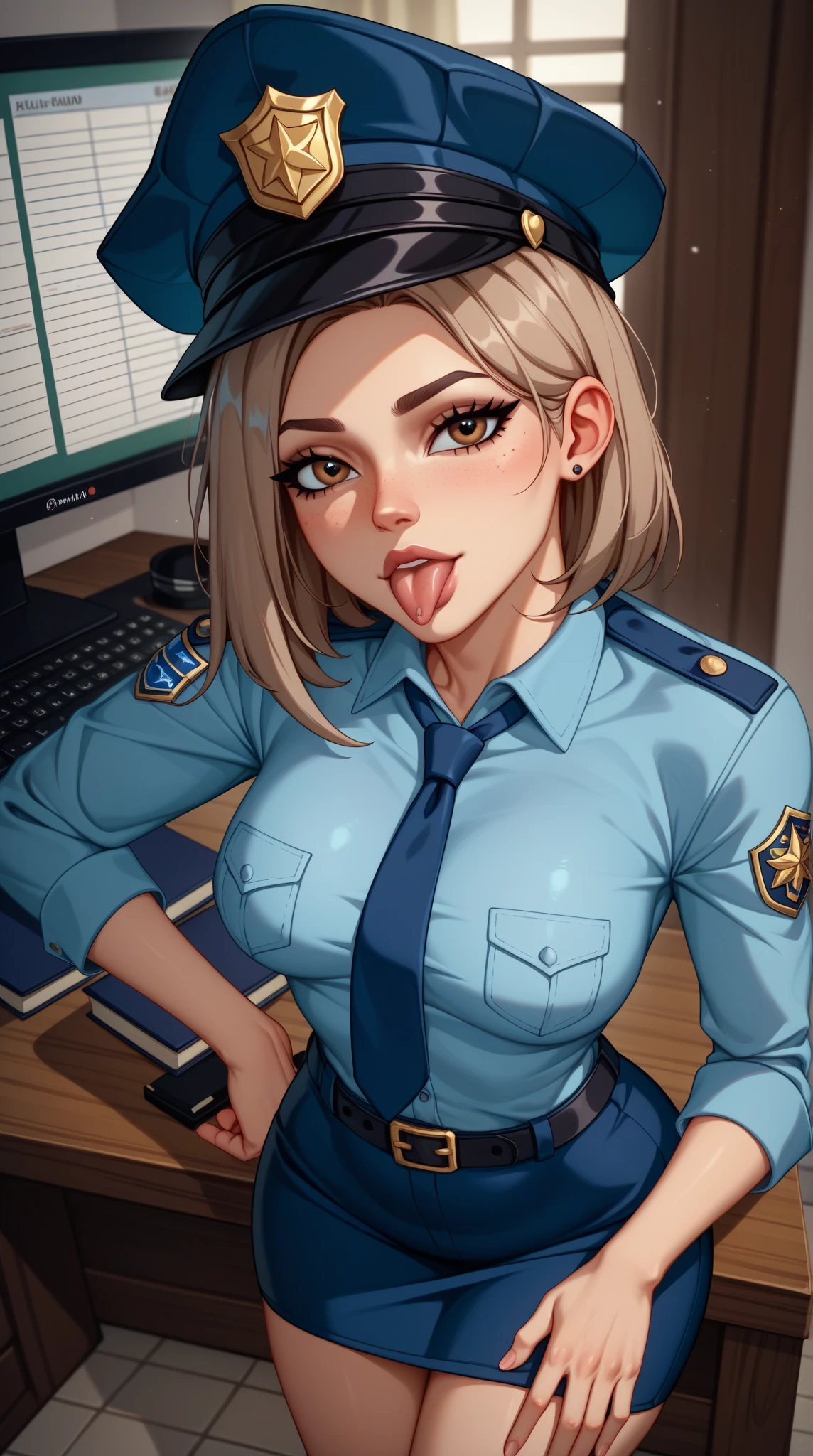 

Prompt : (POV). The beautiful (thailand) police woman with (bob hair), wear (black) uniform shirt, big , focus typing keyboard before monitor while sit in the office, surrounded by some officers