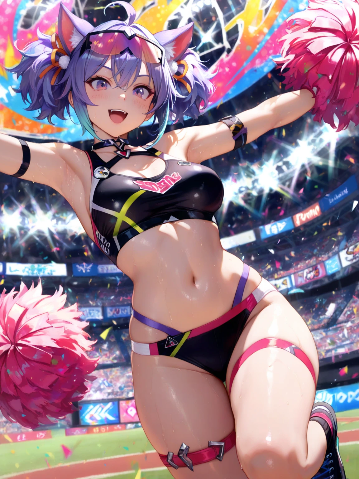((Masterpiece)), best quality, absurderes, ultra detailed, 8k, dynamic pose, super complex details, intricate details, holographic, cowboy shot, golden ratio, super cute girl, neon aura, delicate and beautiful face, cosmic cheerleader, mature girl, super beautiful asian girl with super beautiful glowing eyes, super beautiful glowing multicolored hair, nice and sexy body, slim body, perfect body, wearing a super sexy cosmic cheerleader outfit, holding neon pom poms, in the center of the galaxy