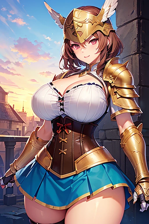 "(masterpiece:1.1), best quality, 
1girl, (80s anime style:1.3), (eyelashes:1.5), (loli:1.2), 
(intricate high detailed body:1.2), 
(blonde hair:1.1), (hair between eyes:1.1), (short hair, twin bun:1.1), (headband:1.2), 
brown eyes, (red lip stick:1.3), 
(muscular body:1.1), (gigantic breasts:1.5), 
(expressionless:1.2), 
(high cut bikini armor:1.2), (mini skirt:1.2), 
(spiked knight armor, armored boots, capelet:1.2), (belts:1.1), (earrings:1.1), gauntlets, 
standing, arms behind back, 
(upper body, cowboy shot, looking at viewer, from front:1.1),
(daytime, grassland, outdoors:1.2)"