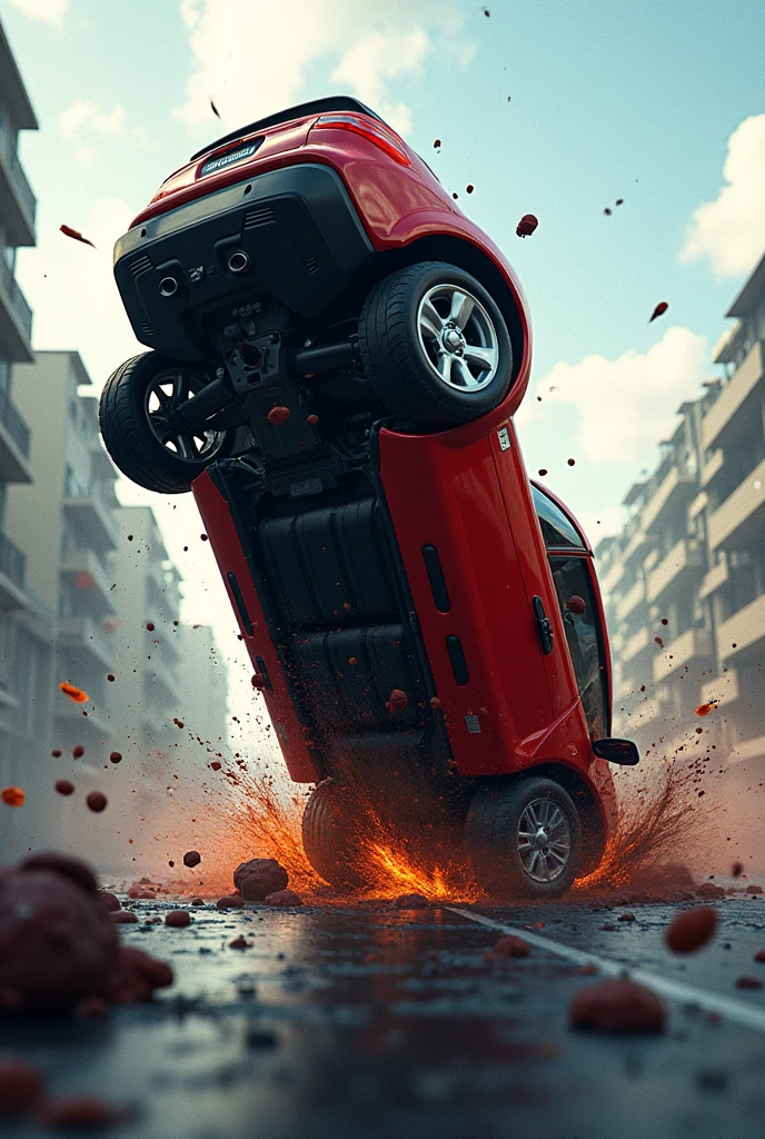 The image depicts a devastating scene on a dark, rain-soaked road.. In the center of the scene, there is a badly damaged car, with the dented doors and the shattered windshield. Ao lado do carro, a teenager is lying on the floor, with a beer bottle fallen near him and spilling its contents. Your face is pale and your eyes are half closed, showing signs of injury and unconsciousness. Around it, there is wreckage from the accident scattered across the road.