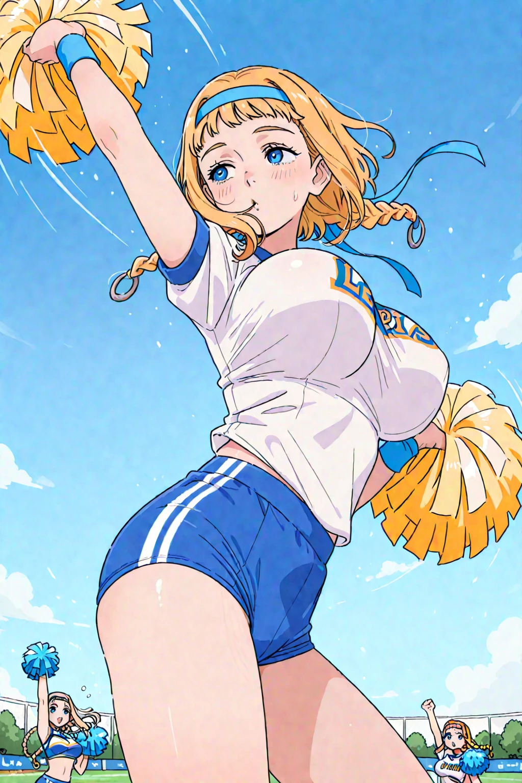 score_9, score_8_up, score_7_up, source_anime, BREAK, (((vigme))), , 1girl, solo, chubby, cheerleader, cheerleading uniform, large breasts, thicc, blonde hair, blue eyes, from behind, large ass, white panties from behind, nervous smile, blush, furrowed brows, embarrassed