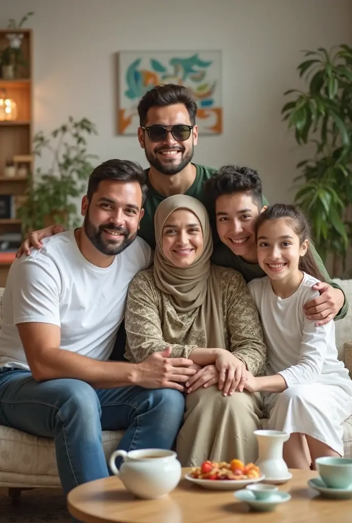 ((3 hijabless man wear jacket sitting), (2 hijabbed woman sitting), (1 hijabless teenage girl sitting)), casual fashion, happy expression, white skin people, crowdless background, just concentrate, extreme detail, masterpiece, 4k, cute caricaturized character, proportional, cinematic lighting