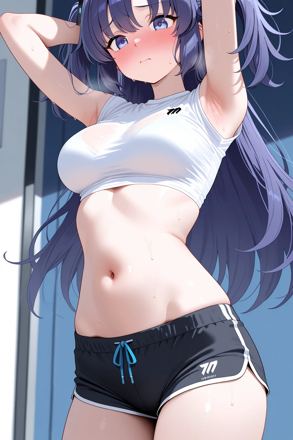 Anime, 1girl, solo, long_hair, purple_eyes, light_purple_hair, bare_shoulders, blushing, upper_body, bangs, sidelocks, anime_coloring, white crop top, black athletic shorts, medium breasts, thick thighs, sexy pose, high res, best quality, masterpiece 