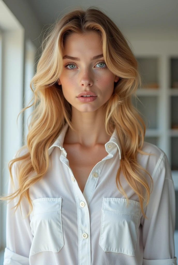 red hair, (best quality,4k,8k,highres,masterpiece:1.2),ultra-detailed,(realistic,photorealistic,photo-realistic:1.37),sexy model,full body, white shirt ,anatomically correct,large breasts,beautiful detailed lips,blonde European 19-year-old,thin body,extremely detailed eyes and face,eyes looking forward at camera, standing with arms in pockets