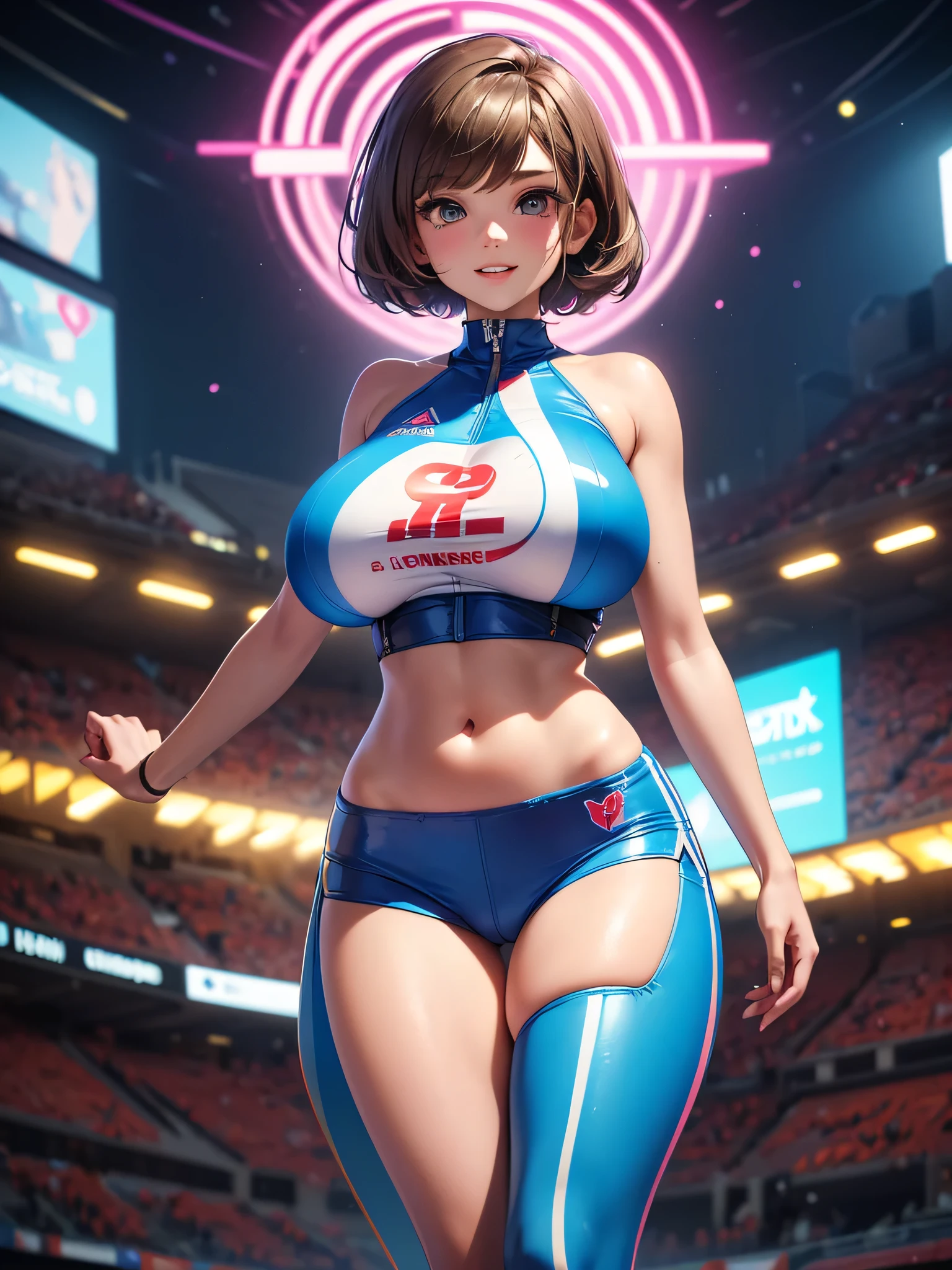(masterpiece:1.4)、(highest quality:1.4)、ultra high resolution、beautiful features、20 year old woman、black very short hair、athletics uniforms、(huge breasts:1.2)、red face、serious expression、arena、stand、arms behind body