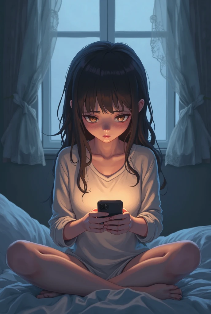A girl in a room scared on her bed with medium long hair looking at her phone