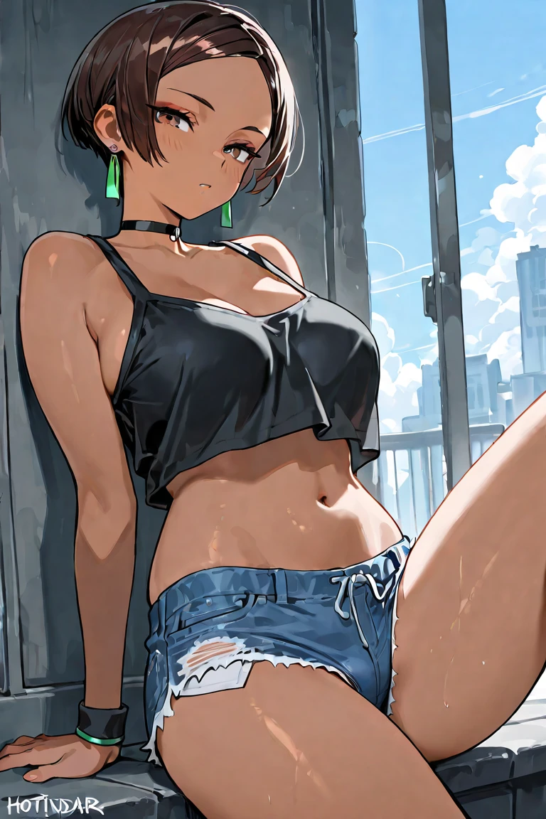 whole body, absurdres, RAW photo, extremely delicate and beautiful, masterpiece, Best Quality, ultra high resolution, 32k, hyperrealistic, ultra-detailed, detailed description, pale skin, 20 years old, detailed beautiful face and eyes, big tits, medium hair, black hair, tearful mole, earring, t-shirt, tank top, Hot Pants,