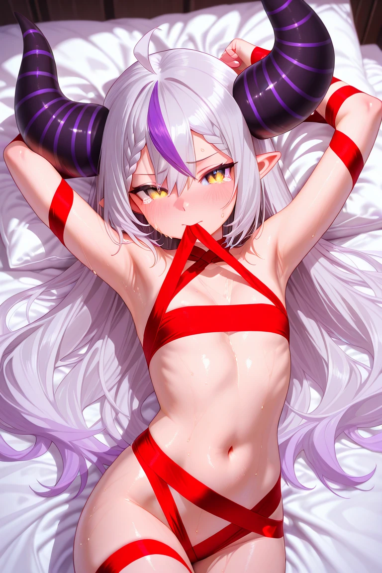 nsfw, (full nude), 1girl, pussy, Hairless Pussy, breast, tummy, small breast, firm breasts, spoken heart, love juice, from below, (embarrassed, blush, in heat:1.2), orgasm, troubled face, (spread legs, knees up, toes:1.2), lying down, on a white bed, (masterpiece, best quality, perfect anatomy, dynamic lighting, character focus:1.2), (close to viewer:1.3), closed eyes, open mouth, white skin, Ayamebase, bell hair ornament, MULTICOLOR HAIR, LONG HAIR, RED EYES, WHITE HAIR, long hair, double bun, white hair