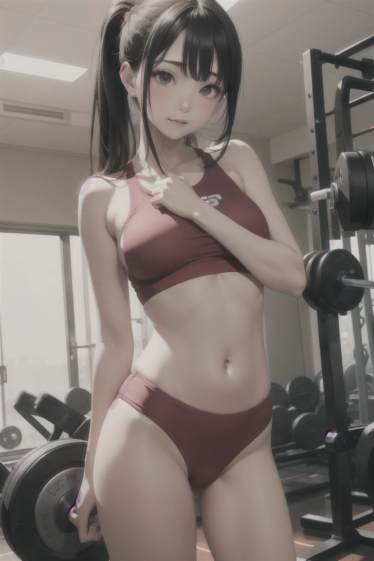 (black hair、white gym uniform、ass、hip line、Tight high leg bikini pants、sleeveless)、professional lighting、slender、belly button、inside the gym、adult woman、big breasts、big ass、cleavage、Are standing、seductive thighs、looking at you with a smile、beautiful teeth alignment、short socks、tennis shoes、leaning forward、from behind、spreading his legs
