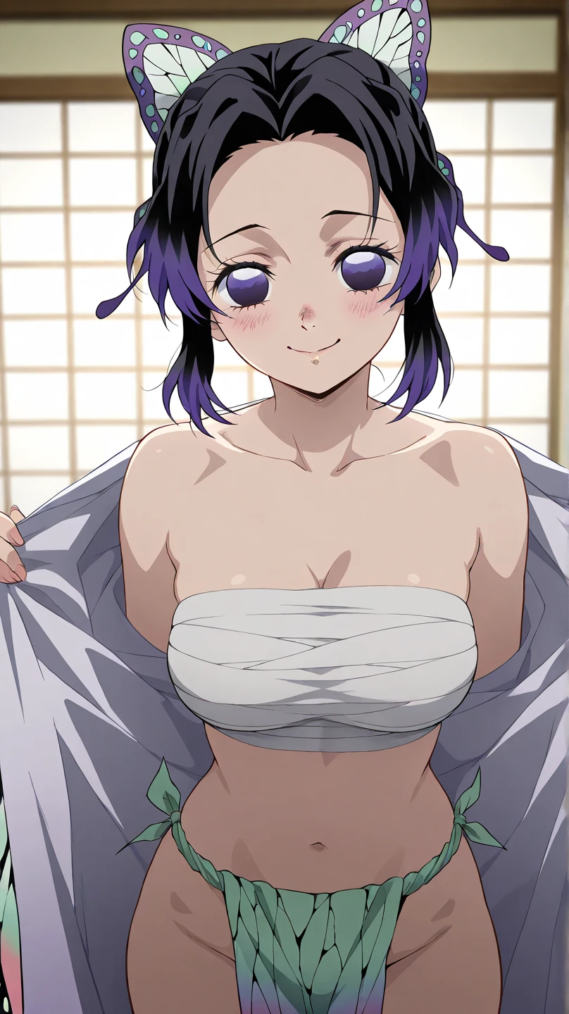 Masterpiece、highest quality、Woman 1、Male Body 1、Super detailed、nsfw、Kocho Shinobu　Purple Hair、Side Lock、Gradient Hair　Purple Eyes、Detailed depiction of the eyes　butterfly々Hair ornament　Smiling、blush　Large Breasts、Soft thighs、Beautiful Belly、vagina、Pussy、clitoris、semen、Female organ、sexual organic matter　SEX、play sex、Sex、woman on top、Straddling a man's body、On all fours、penis、Insert、vaginaにInsert、sexual organic matterをInsert、Spray sperm、A lot of sperm、Sperm-drenched、Intense sex、激しくInsert、Creampie　Face is close、Facial Close-up、Bring your head closer　ceiling、wall