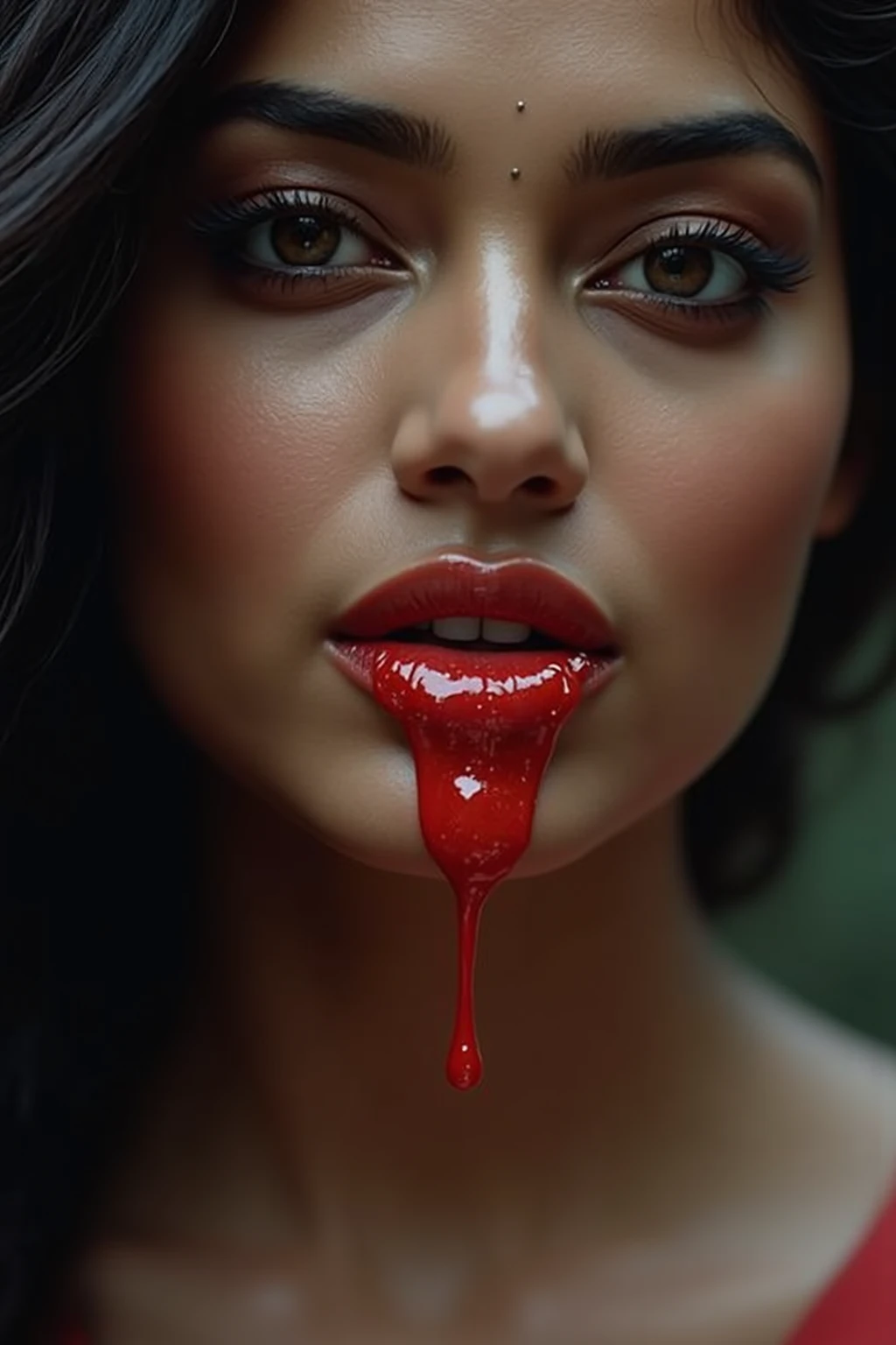 nsfw, 1mature adult woman, solo, 3, a bewitching vamp, sexy MILF, evil femme fatale, lady from hell, vampire beauty, femme fatale, evil apostle of darkness, peerless beauty, a Vampire Kiss, Long, wavy, shiny black hair, arched eyebrows, double eyelids, golden eyes, a beautiful nose, Beautiful nostrils, (A evil smile that lifts the corners of her mouth:1.3),(Dark lips, glossy lips), Fangs, tongue, saliva, dripping of saliva, Focus only on the mouth, Woman mouth close up, glamorous, soft and curvy, Neck, collarbone, cleavage, saggy huge breasts, from front, from below, perfect anatomy, ideal facial features, ideally proportioned figure, perfectly beautiful body, super detailed skin, glossy skin, Beautifully detailed mouth, beautifully detailed teeth, beautifully detailed fangs, beautifully detailed tongue, beautifully detailed lips, masterpiece, incredibly absurd res, absolutely resolution, ultra high res,
