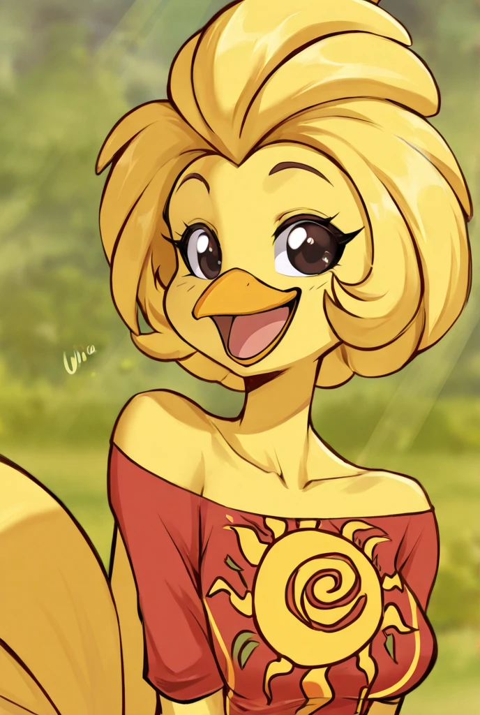 score_9, score_8_above, score_7_above, score_6_above, from below, farm, barn, outdoor, wheat field, sitting on a fence BREAKING alone, 1 girl, Torchic, faun \(spy\), orange fur, the second, bird, brown eyes, leaf dress, sexy , realist, detailed, bare butt, yellow beak, smiling shyly. Eyes closed blushing.