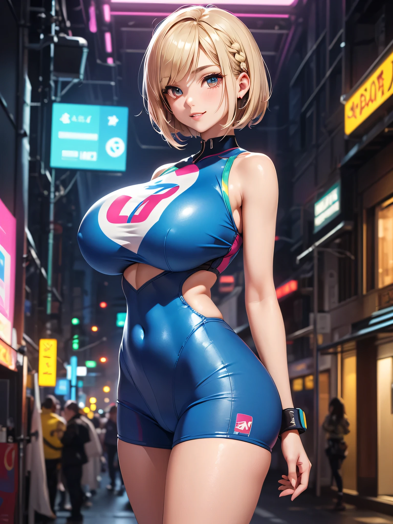 girl swimmer,((girl with extremely cute and beautiful blonde hair)),
(large breasts:1.4),saggy breasts,(((very light blonde ponytail hair:1.35,straight hair,ponytail long hair:1.4,colored inner hair,ear breathing))),((heterochromia:1.5, (pink_eye and yellow_eye))),intricate eyes,beautiful detailed eyes,symmetrical eyes,((fat)),(((lustrous skin:1.5,bright skin: 1.5,skin tanned,shiny skin,very shiny skin,shiny body,plastic glitter skin,exaggerated shiny skin,illuminated skin, wet legs))),(spider lower abdomen,narrow waist,wide hip,athletic body,inflated legs,detailed body,(detailed face)),
cute,slutty,seductive,erotic,(((nsfw))),
zettai ryouiki,((one-piece_swimsuit magenta,wearing a one-piece_swimsuit outfit:1.3,swimsuit type spacesuit,magenta armor swimsuit:1.3)),(rgb headphones:1.5),((wet clothes,intricate outfit,intricate clothes)),
(dynamic pose:1.0),embarrassed,(centered,scale to fit dimensions,Rule of thirds),
cyberpunk city by the ocean at night, with bright neon signs and dark stormy clouds and puddles, scenery:1.25,
artistic photography,(photography taken by sldr),highres, sharp focus, (ultra detailed, extremely detailed), (photorealistic artwork:1.37),(extremely detailed CG unity 8k wallpaper),((synthwave background theme)),(((vibrant colors))),(intricate background),(masterpiece),(best quality),