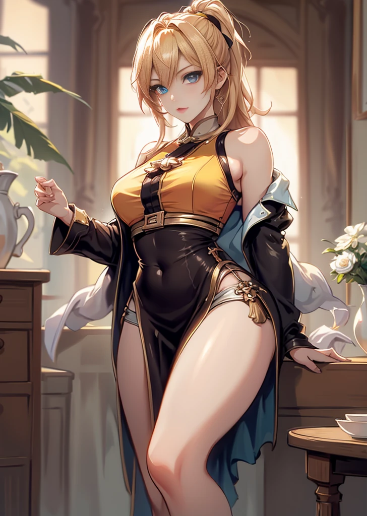 best quality, 8k, best quality, night, dim lamp, bed, masterpiece, (hilarious))), long brown wavy hair, gold eyes, full body shot of petite girl with round glasses, solo, sexy , very long black stockings, miniskirt, cleavage, sitting, hard nipples, spread legs, slightly open mouth, fair skin, horizontal braids, red face, shot from below, blurred background