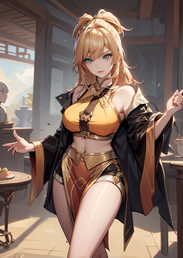 Ahri da league of legends,(best qualityer,4K,8k,high resolution, work of art:1.2)(weather: moonlight), Japanese female, magical forest background, black and red korean kimono dress, cleavage, magical staff, cute makeup, thigh high boots, belt, long golden hair, braided hair, fox ears, multiple fox tails, freckles, ultra detailed, realistic, portrait, beautiful detailed yellow eyes, beautiful detailed lips, extremely detailed eye and face, beautiful girl, long eyelashes, average, large breasts, beaming smile, sexy pose, bright coloured, dramatic lighting,