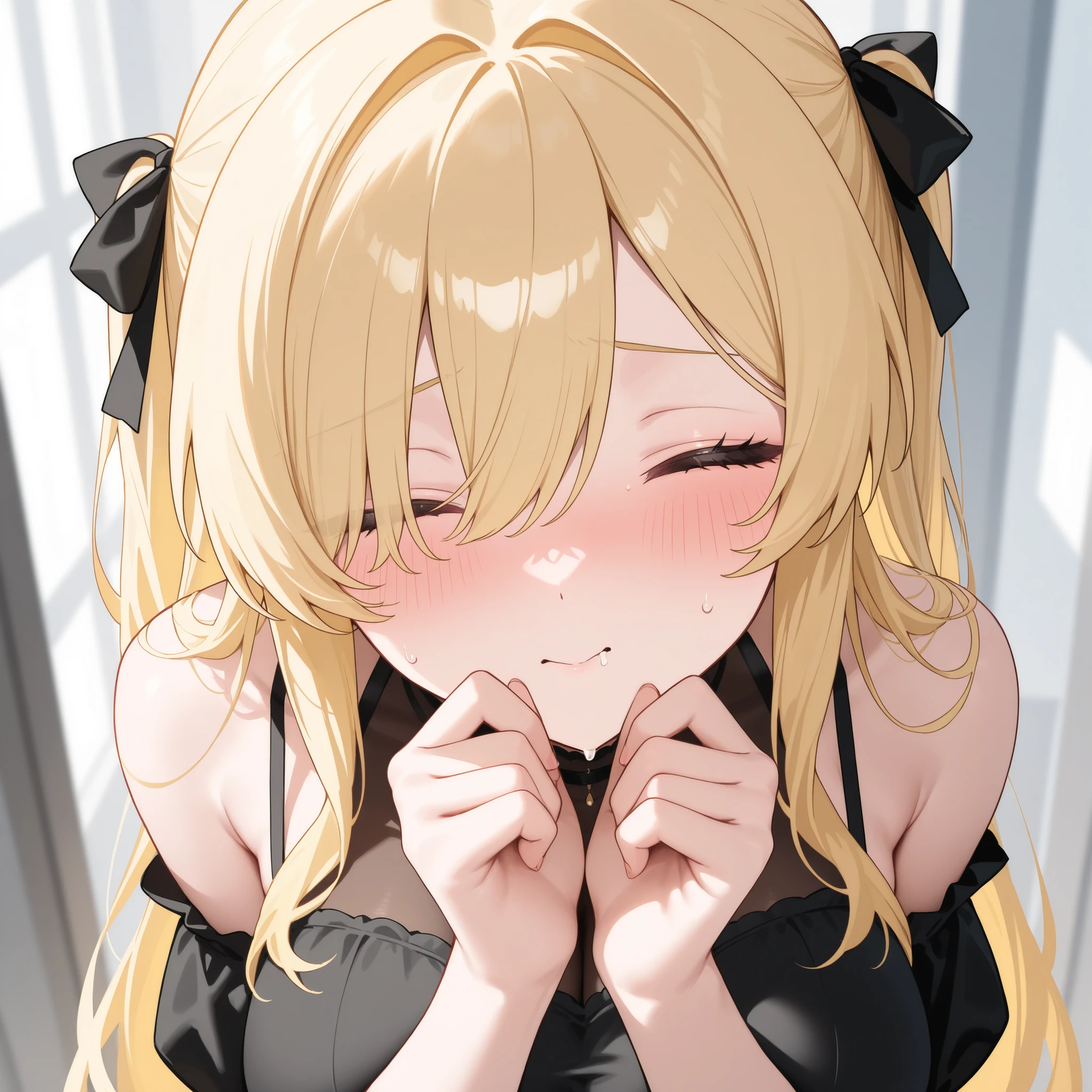 nsfw,(Petite),(A cute boy),blonde low twintails,lips,(Voyeur),Sweat,White Breath,((Cum in the mouth)),Open your mouth,bed,Standing posture
