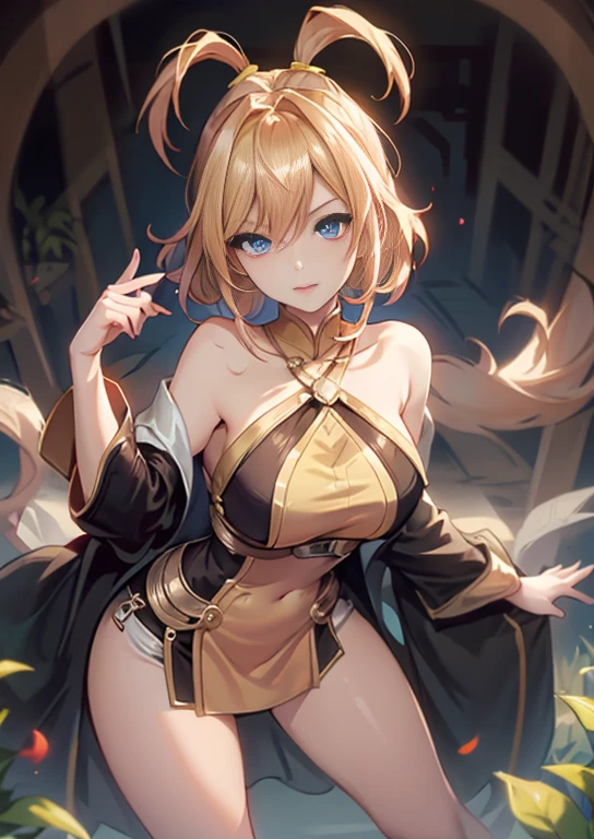 ((top-quality, 8K, masterpiece:1.3)), A detailed eye, (looking at from the front), Look at the camera, ((Everything is sparkling、reflecting light:1.2)), (Best Ratio: 4 fingers, 1 thumb), ((Black Maria from One Piece))), long hair, yellow hair, cute face, blushing ,big red lips, half body shot, oni horn, contrapposto, naughty expression, beautiful body,