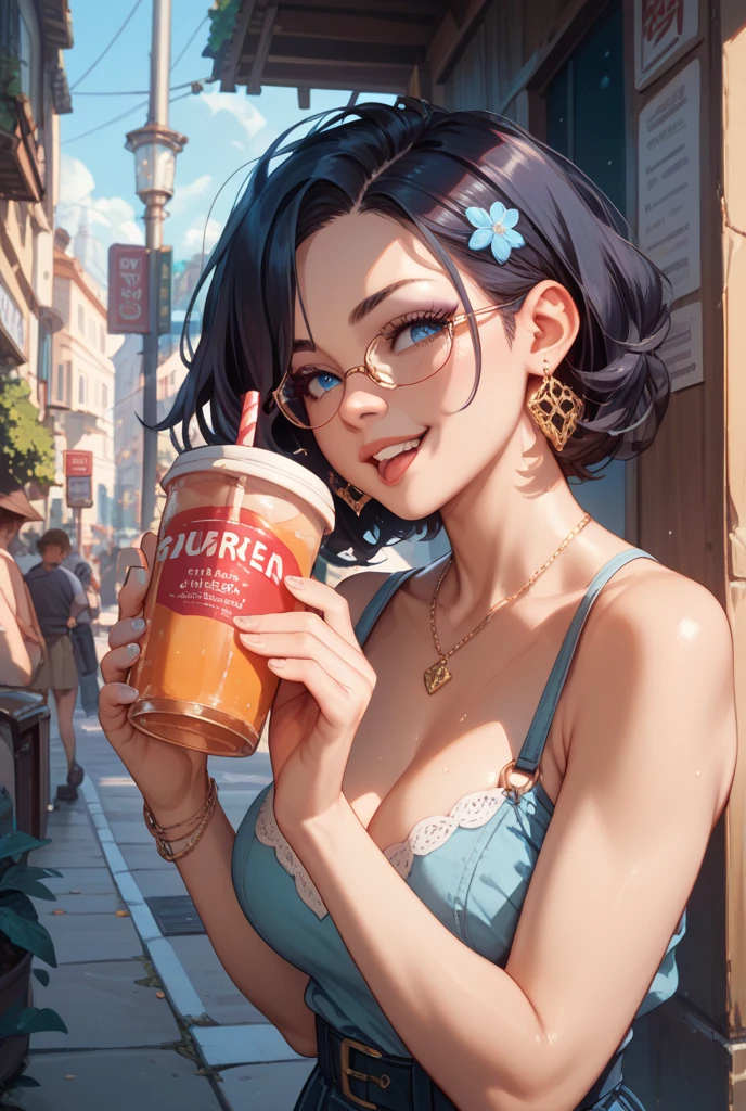 Create an image of chubby latina woman with shoulder length hair with bangs sipping boba tea in cute Library in background with side profile in cute dress and full profile pointed Toe heels da milano brown bag in side laptop in front small mongoloid eyes nose ring in left