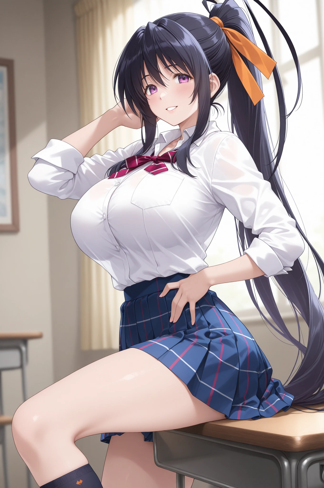 (nsfw),masterpiece,ultra detailed,sharp focus,4k digital art,high resolution,front shot,(v sign with both hands:1.5),(aroused and blushed:1.7),(peeing),tareme,(adult beautiful face,curvy adult body:1.3),(from below,upskirt:1.4),(school cardigan:1.3),dress shirt,black socks,(navy and pleated skirt),bow tie,(short black hair,long straight hair),(tanned skin),at night light,outdoor,(sweaty:1.2),grinning,(trembling,flying heart-shapes),(squatting and spreading legs:1.1),(sexy and laced red undies:1.3),loafers,crowd in background,gigantic breasts,drooling,heart pupils,puffy nipples