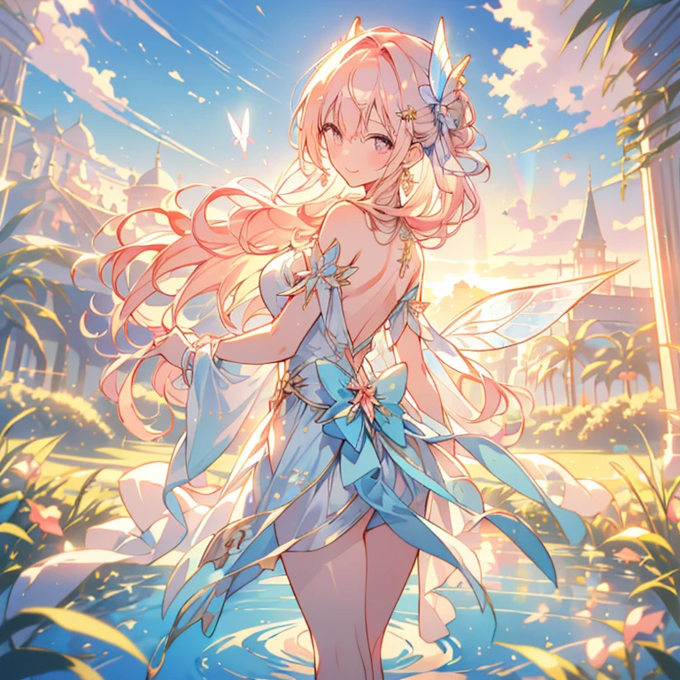 young man, twink, (((male))), (((man))), (((one person))), single, solo, (((very light blonde hair))), (((pink colored eyes))), (medium short hair), (chin-length hair), wavy hair, slim body, ((flat chest)), (((fantasy style))), (((wearing flowers in his hair))), flowercrown, ((pointy ears)), (((light pink colored eyes))), smooth skin, bare legs, (((wearing only a loose piece of fabric))), (((body covered in loose transparent fabric))), ((white colored fabric)), (((transparent fabric))), (((wet fabric))), smiling, rocks in the background, tropical flowers, (((picking an exotic flower from a tree))), (((colorful flowers))), (different colors flowers), waterfall further in the background