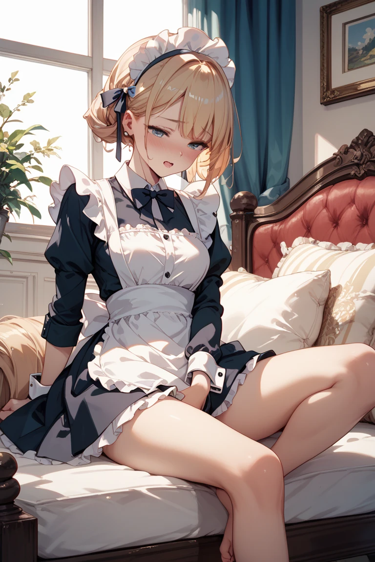 Slim woman wearing glasses、Show your underwear、Sheer lace underwear、Long maid outfit、Ade(dude)、smile、Bedroom