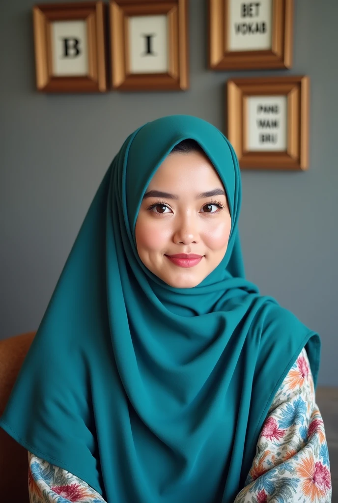 Malay girl in hijab, (wearing babushka), breast about to burst out, portrait photography, mid shot photo, ultra detail, professional photograph with professional lighting, smile, light blue studio background, sitting on the chair, in a studio, view from front, 