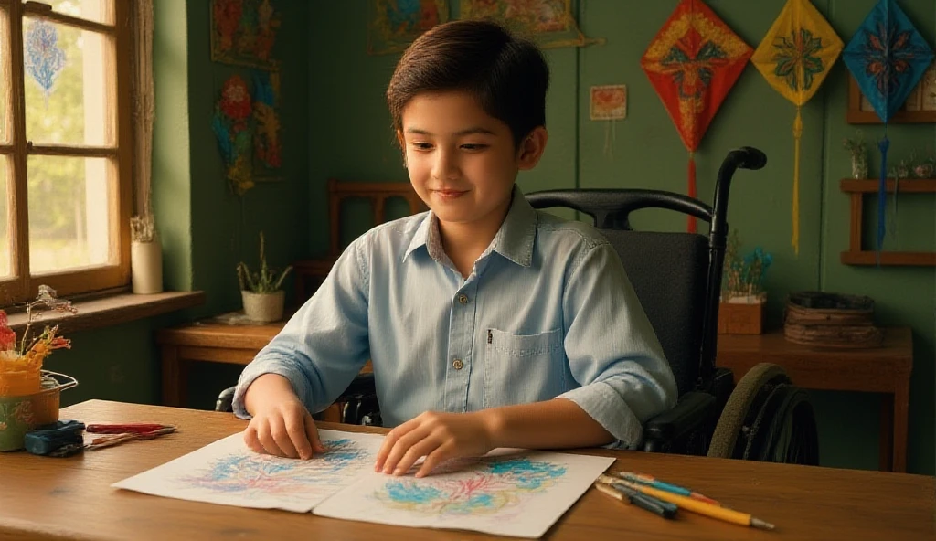 Create a 3D cartoon image of a boy named Rohan sitting at his desk in a cozy bedroom, drawing with a pencil. Above his head, show a thought bubble where he imagines himself as a famous artist with people admiring his paintings. The room is filled with art supplies and posters of famous artworks on the walls.