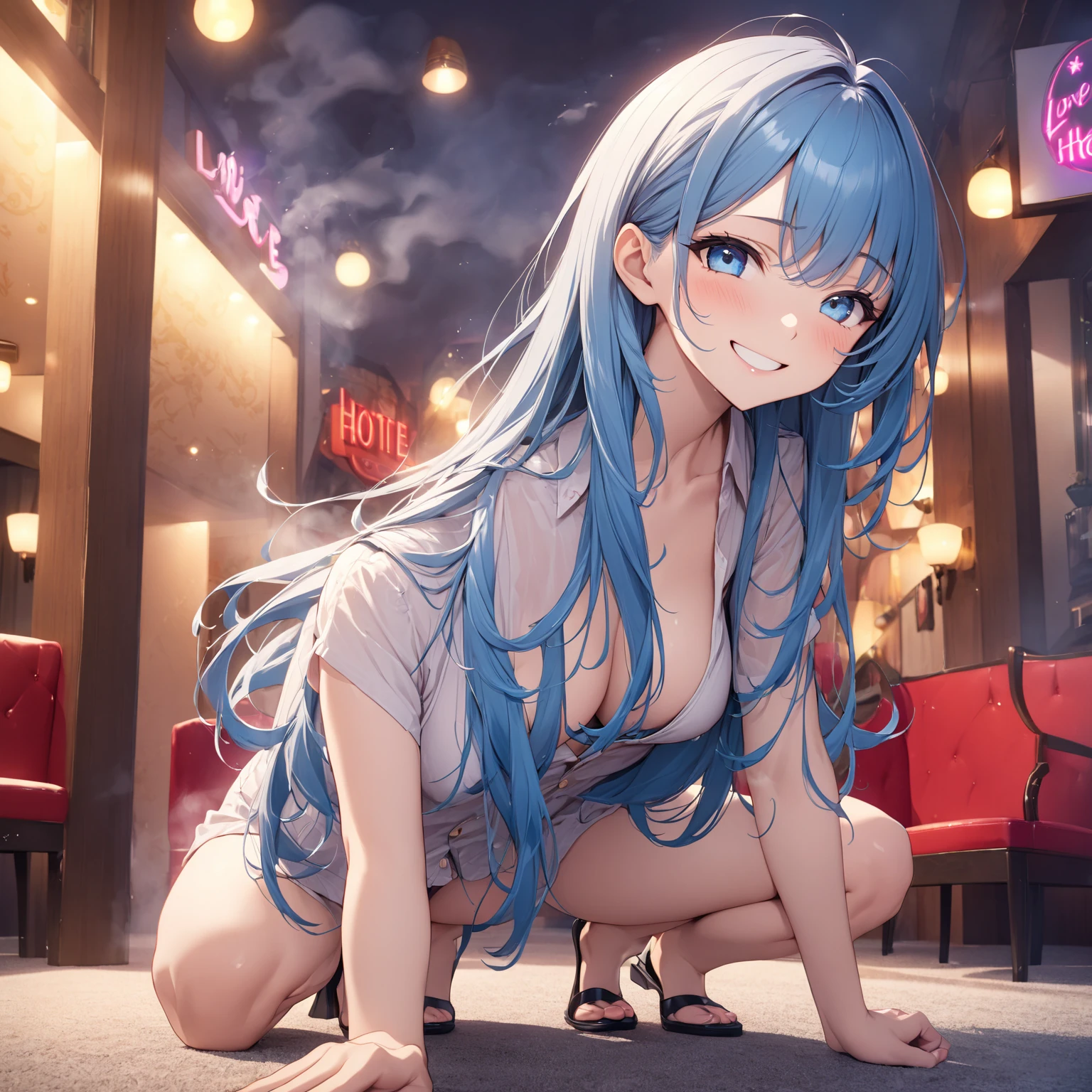 nsfw, naked girl, blue hair, blue eyes, 8k, nipples, public nudity
