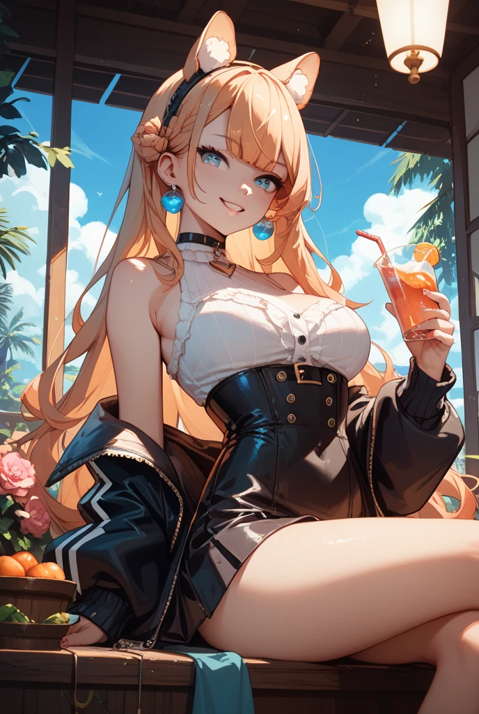 (masterpiece:1.3, Highest quality, Ultra-high resolution, Super detailed), (Realistic, photoRealistic:1.4), Beautiful illustrations, Perfect lighting, Natural light, colorful, Depth of written boundary, NFSW,
View your viewers, Side Shot, Cowboy Shot, 1 Girl, Japanese, 20-year-old, Perfect Face, (Perfect Anatomy), Cute and symmetrical face, Baby Face, Shiny skin,
(Long Hair, Curvy Hair, Blonde), Swept-apart bangs, blue eyes, Big eyes, Long eyelashes, (Large Breasts:0.8, Captivating thighs, Big Ass),
Beautiful Hair, Beautiful Face, Beautiful attention to detail, Beautiful clavicle, Beautiful body, Beautiful breasts, Beautiful thighs, Beautiful feet, Beautiful fingers, break,
Playboy Bunny Girl, High cut leotard, Black bow tie, White cuffs, Thighs wrapped in fishnet stockings, Black rabbit ears, The rabbit's tail comes from the donkey, Have a drink, ,
(Beautiful views), Daytime, (bar counter, over the counter:1.4), (Captivating smile, Upward glance),
