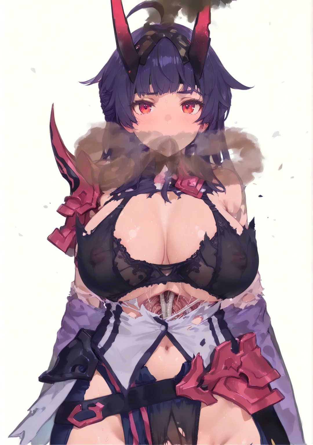 1 woman, short black hair, red eyes, monster girl, arachne, spider girl, white shirt,