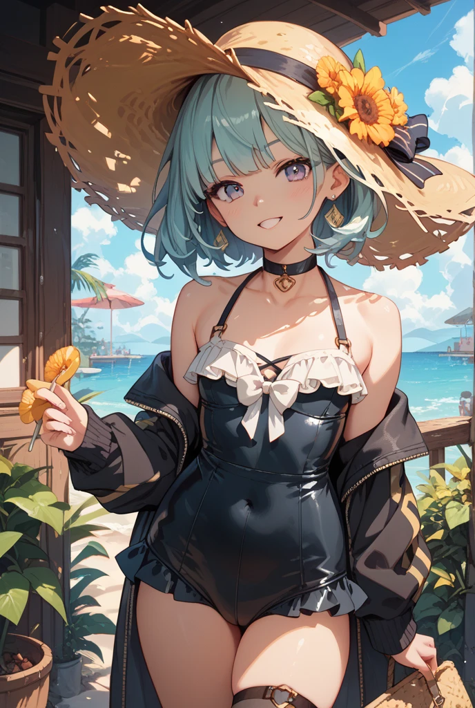 girl、、Yellow swimsuit、whole body。blue eyes、Gray Hair、、Seductive pose、front、、Outdoor、garden、Beach、