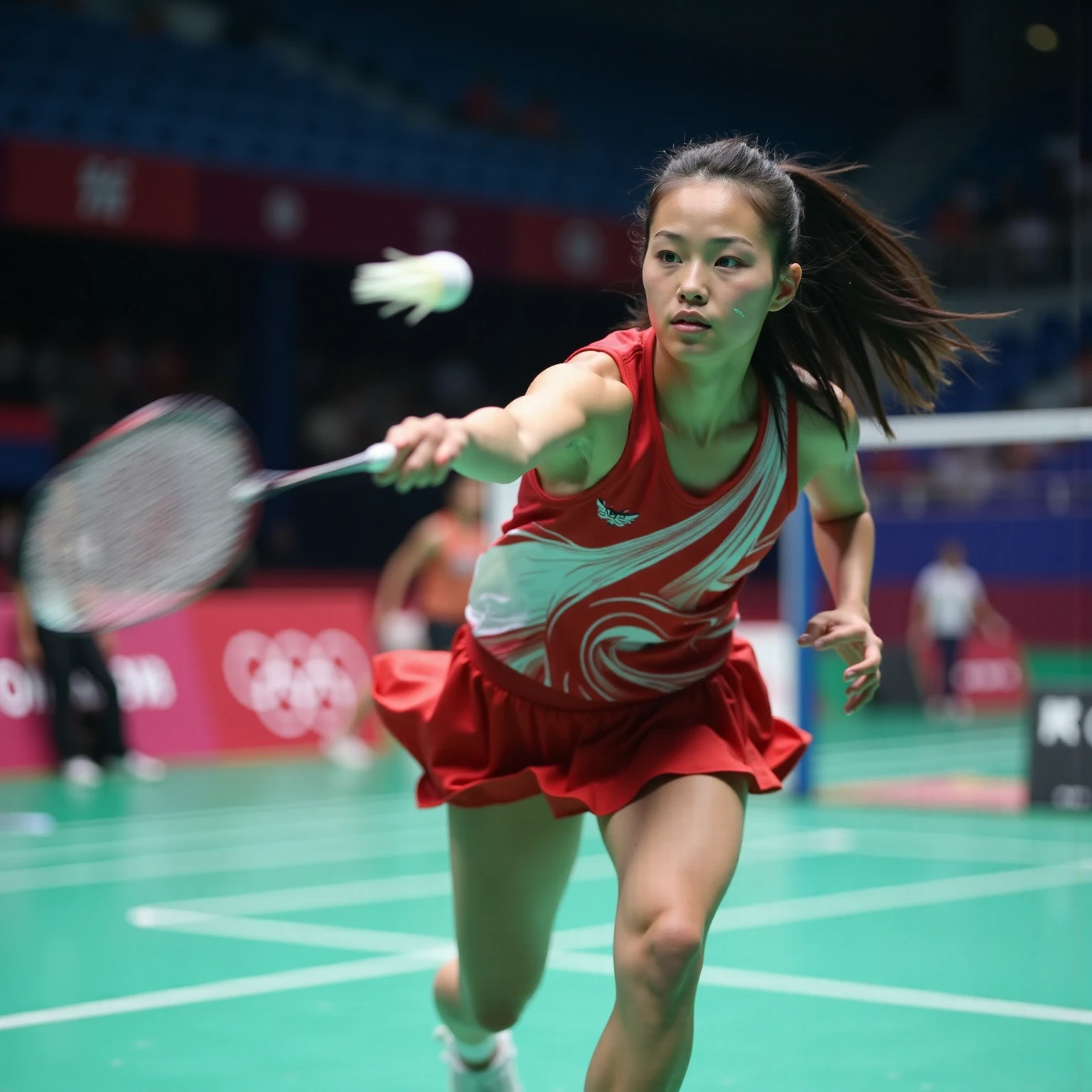 (Photorealism:1.2), beautiful woman, She is playing badminton.. South Korea national team player.