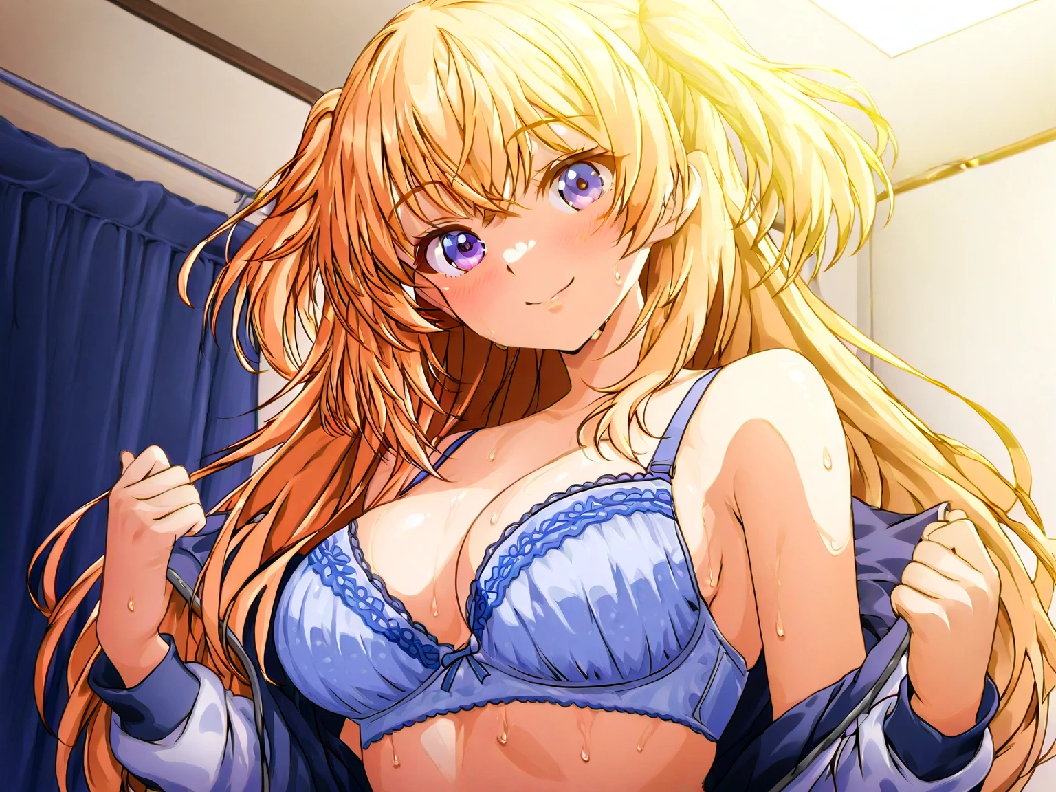 a sexy anime chick with large breasts that is laying on her stomach, 1girl, solo, twin braids, braid, on back, blue eyes, hat, lying, shirt tucked in, looking at viewer, pillow, long hair, skirt, cleavage, open clothes, jewelry, shirt, collarbone, black headwear, jacket, earrings, blonde hair, white shirt, blush, open jacket, bangs, smile