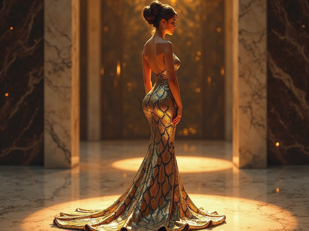 Create a calm and artistic atmosphere, best quality, silhouette, night, deep black, dark night, deep night, best quality, realistic, high detail, royal palace, royal living room, beautiful curvy figure, yellow dress,transparent dress ,sexy dress,full body,half naked, blond hair, holding a crown on Her head, blue eyes, diamond jewelry in the neck, big ass, big breasts, huge fake breasts, round breasts, huge breasts, Narrow waist, wide hips,, thick thighs,look from behind ,necklace, bare shoulders,Huge butt, The place must be dimly lit by warm torches highlighting her features The scene is full of flowers. The general mood is one of calm and appreciation for the splendor of the beauty of the palace hall, which reminds us of paintings from the Conquest era.