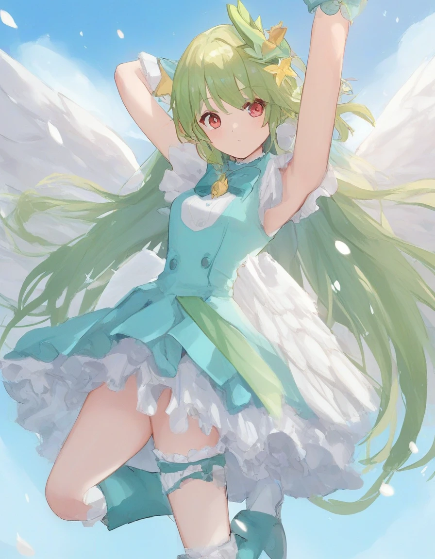 (top-quality), (​masterpiece)、(ultla detailed)、(Beautiful girl alone:1.3)、Lori、10yaers old、cute little、Short stature、angelicales、Holo、Snow white dress、Green pattern、White angel wings、Large yellow-green ribbon at torso、A smile、are flying、(yellow  eyes)、Medium chest、(Yellow-green hair:1.3)、(Straight hair:1.3)、Floating hair、(Longhaire:1.2)、(Black boots)、(Sleeveless)、godrays、Clouds on yellow sky background