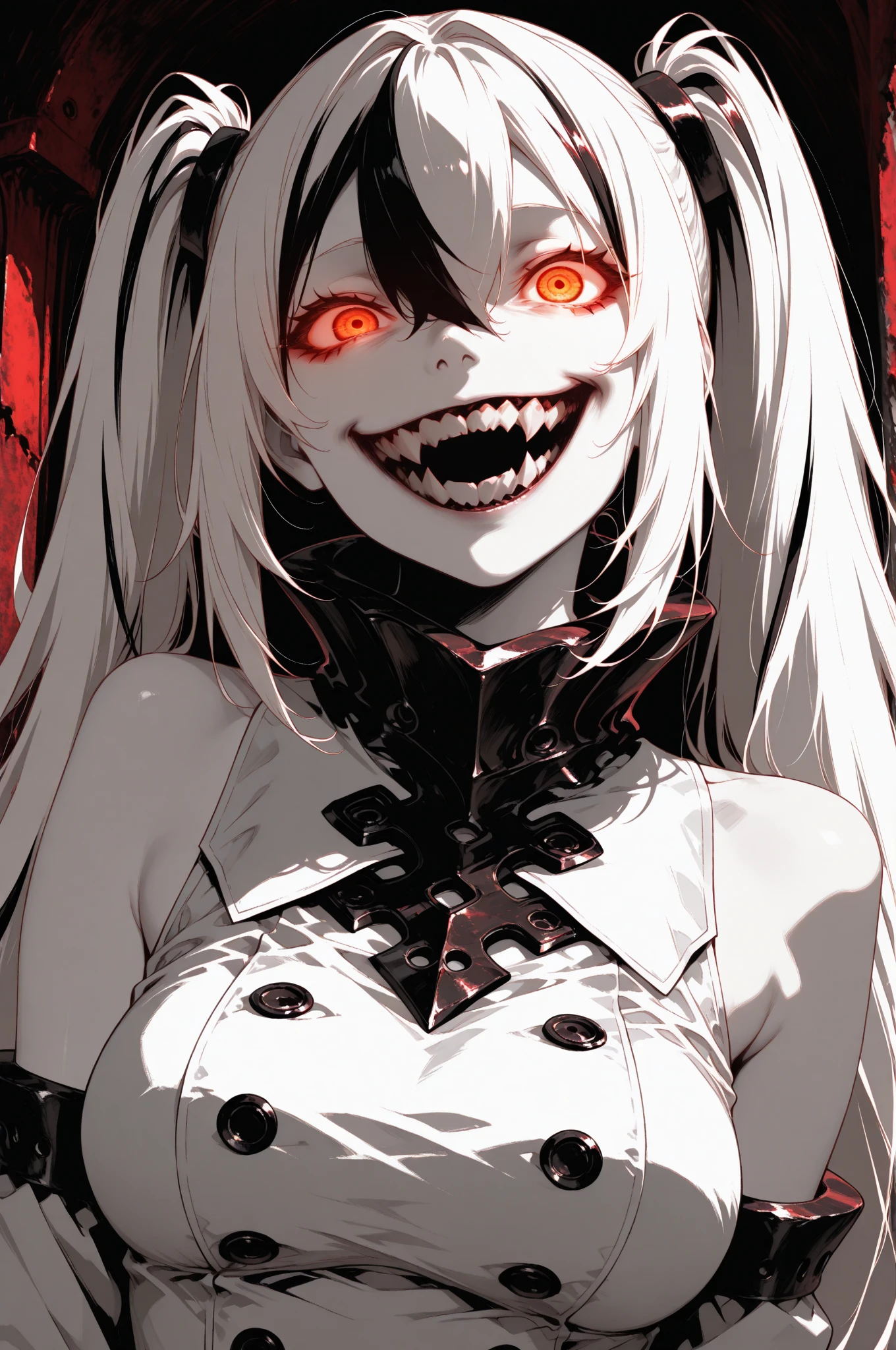 masterpiece , abyss , beauty , white hair , red eyes , halo ring angel , soft light , dark vibe , no wings , she looks badass , glowing eyes , horror , scary smile, yandere , mature women