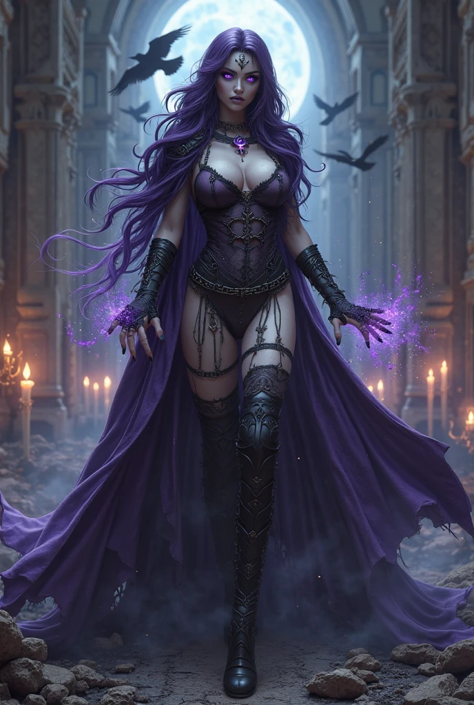 Decomposing warrior zombie woman, full body blue and purple clothes, thick-thighs, Perfect feet, safada, in mummified armor from a dark cemetery with candlelight, Her expression is cheerful and terrifying, blood in her eyes and mouth, sexy clothes, realisitic (best quality) (4K) DARK CINEMATIC SCENERY