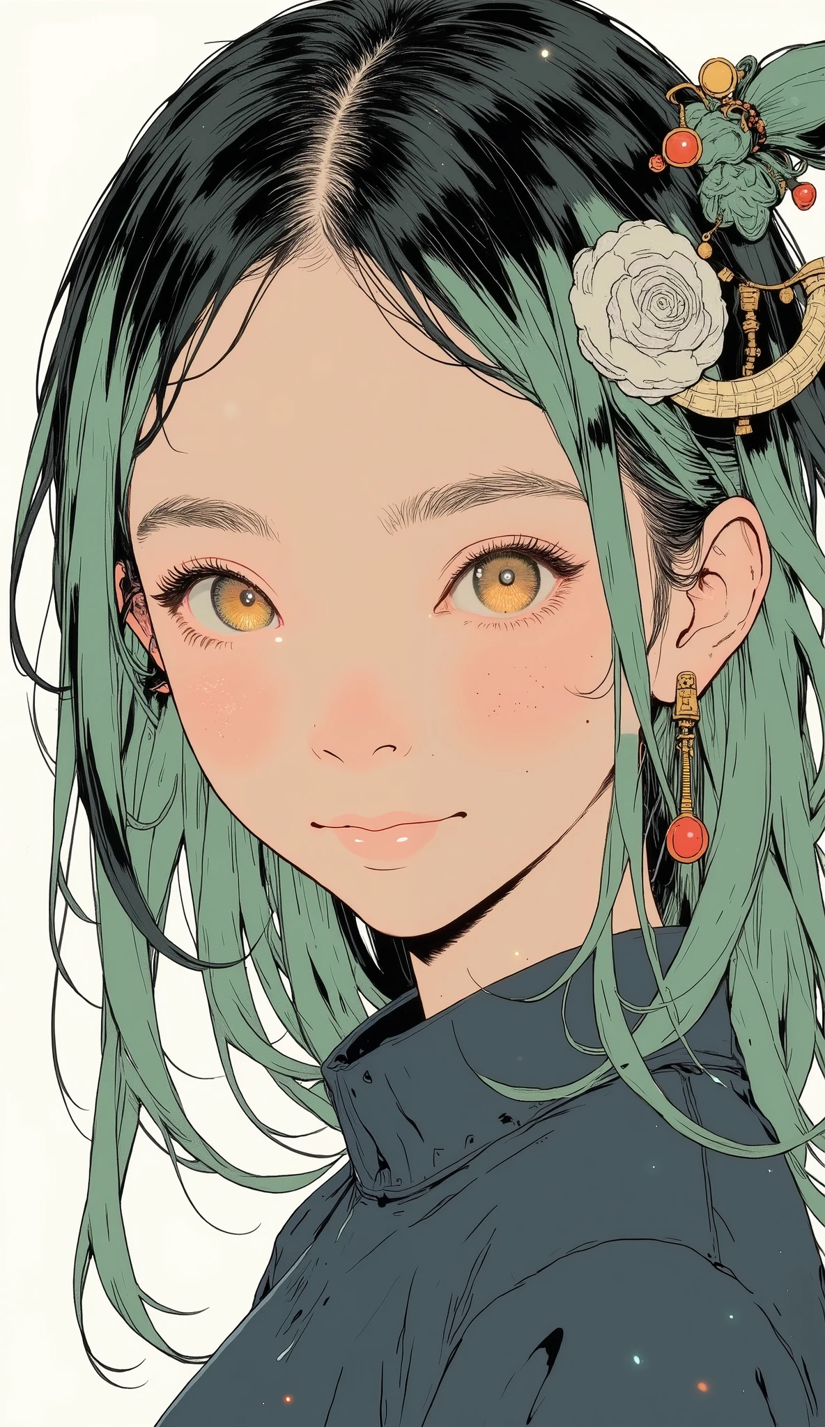 bright colorsと装飾的なパターンを持つ、 Stylized Characters , long flowing green hair with ribbons and ornaments々Use ribbons and ornaments, dynamic and cultural atmosphere, High Quality, 4K, Super Detailed, realistic, HDR, super high resolution, Professional, white background、bright colors, Bokeh、Full Body、