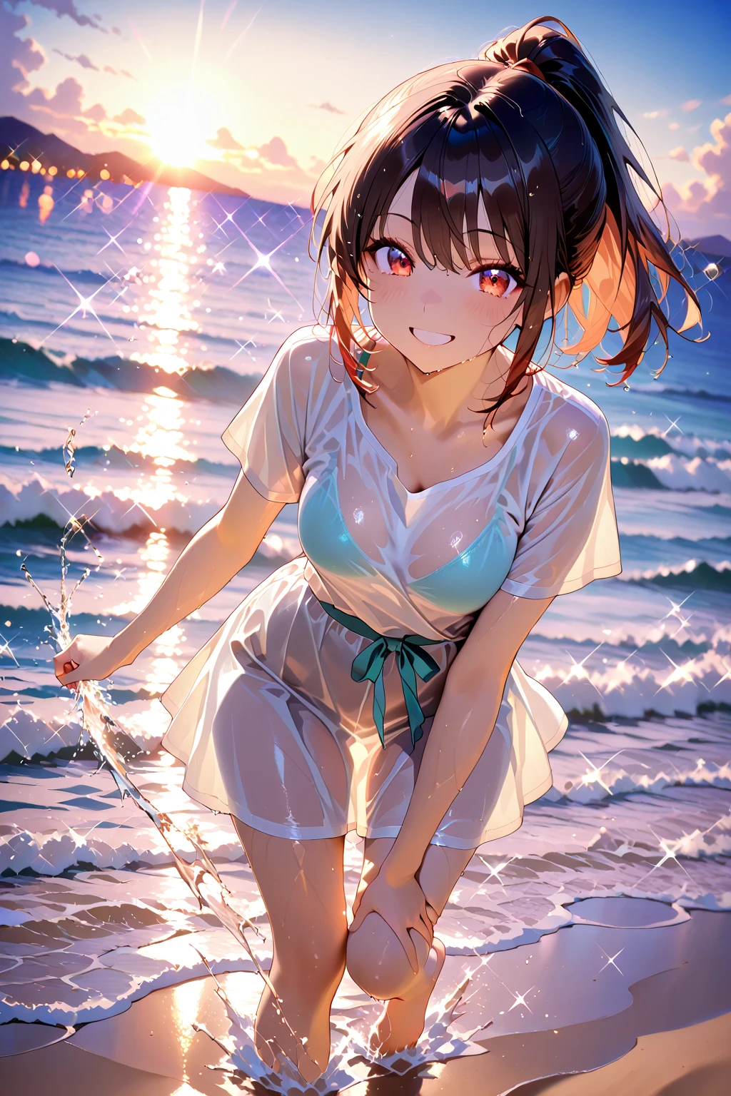(official art、highest quality、Unity 8K 壁紙、32K、masterpiece、Super detailed、超A high resolution、realistic、Photoreal:1.2)、(natural soft light:1.2)、fire glow effect、film grain、best shadow、rim lighting、side light、side shot、(Highly detailed and complex 3D rendering)、詳細なbeautiful faceと目、sharp pupils、Real students、whole body, sandy beach、beautiful face、blurred background、11 year old beautiful girl、shiny skin、Beautiful wet black hair、I pulled up my wet shirt、pink miniskirt with wet pink checks、(thighs thighs:0.9)、barefoot、curve、dynamic pose、smile with open mouth、(beautiful breasts:0.9)、I can see white pants、(transparent nipples)、((On the beach on Oahu in midsummer))、((flat chest))