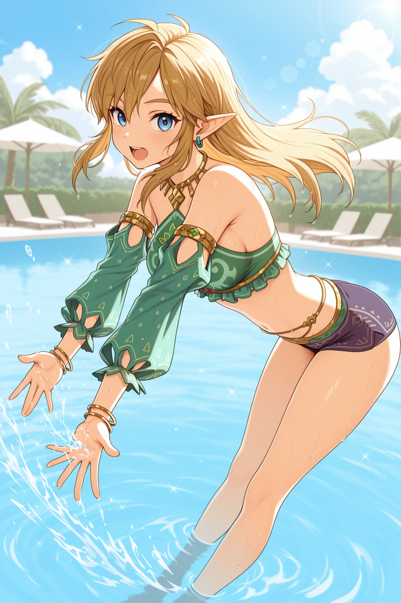 ((masterpiece)),(illustration),(((best quality)),iridescent, high resolution illustration,Amazing,highres,intricate detail, extremely detailed CG unity 8k wallpaper ((zelda)), full body, large breasts, (delicate cute face), blond long hair, lovestruck,(green eyes), smile, joyful, young teen, narrow waist, young girl, 15 year old girl, seductive, tight body, wavy hair, locker room, sexy pose, micro bikini, sitting, cleavage, facing viewer,