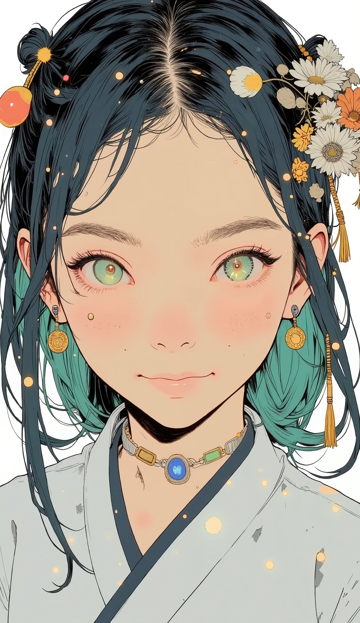 bright colorsと装飾的なパターンを持つ、 Stylized Characters , long flowing green hair with ribbons and ornaments々Use ribbons and ornaments, twin tail、dynamic and cultural atmosphere, High Quality, 4K, Super Detailed, realistic, HDR, super high resolution, Professional, white background、bright colors, Bokeh、Full Body、