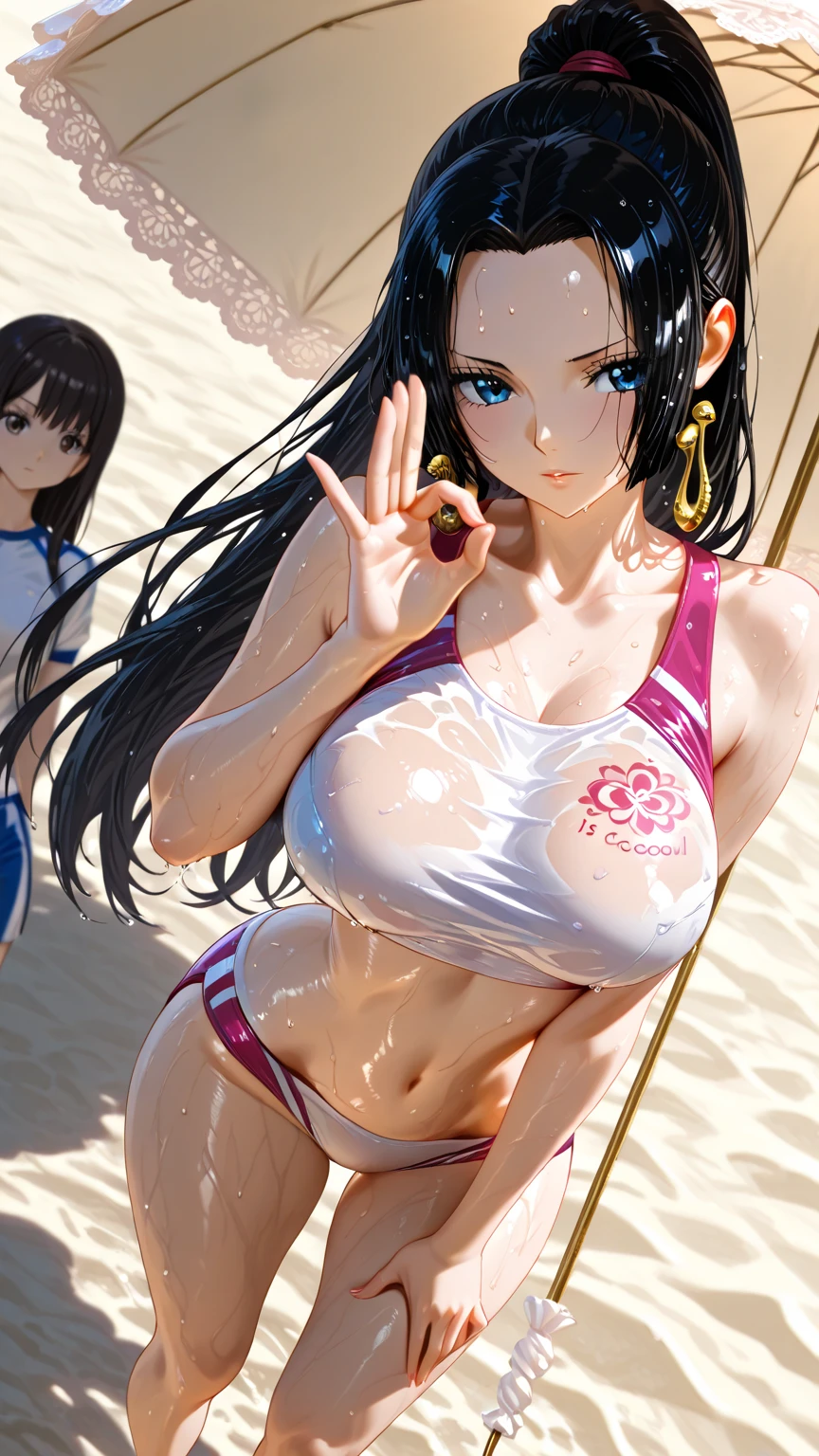 black, Hair Ribbon,Earrings,chest,sash,black髪
(Highest quality, masterpiece, RAW Photos,Very detailed:1.2), One girl,alone,View your viewers,小さなchest, Alone, Upper Body, hot, Sweating a lot, Ocean, beach