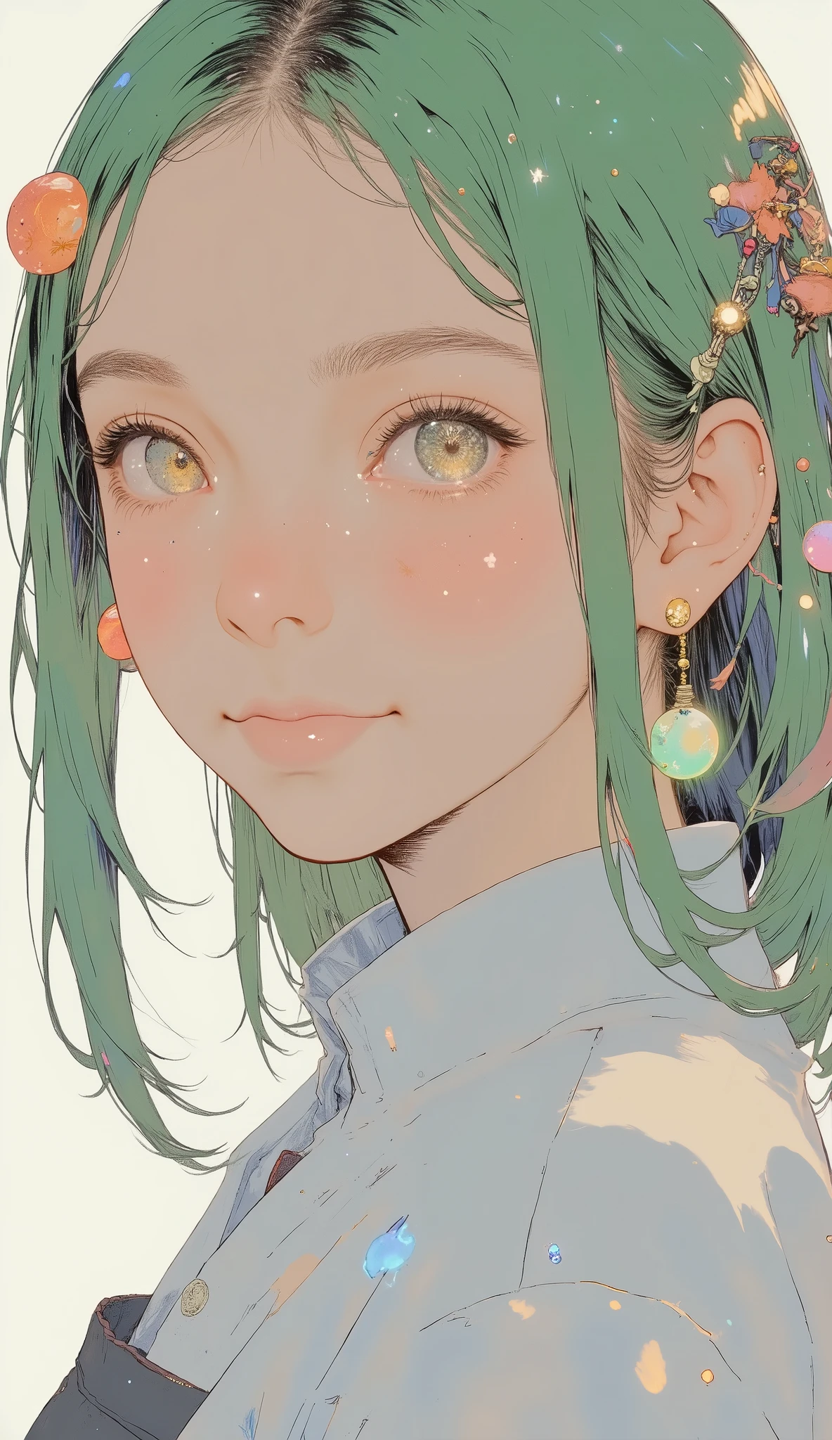 bright colorsと装飾的なパターンを持つ、 Stylized Characters , long flowing green hair with ribbons and ornaments々Use ribbons and ornaments, dynamic and cultural atmosphere, High Quality, 4K, Super Detailed, realistic, HDR, super high resolution, Professional, white background、bright colors, Bokeh、Full Body、