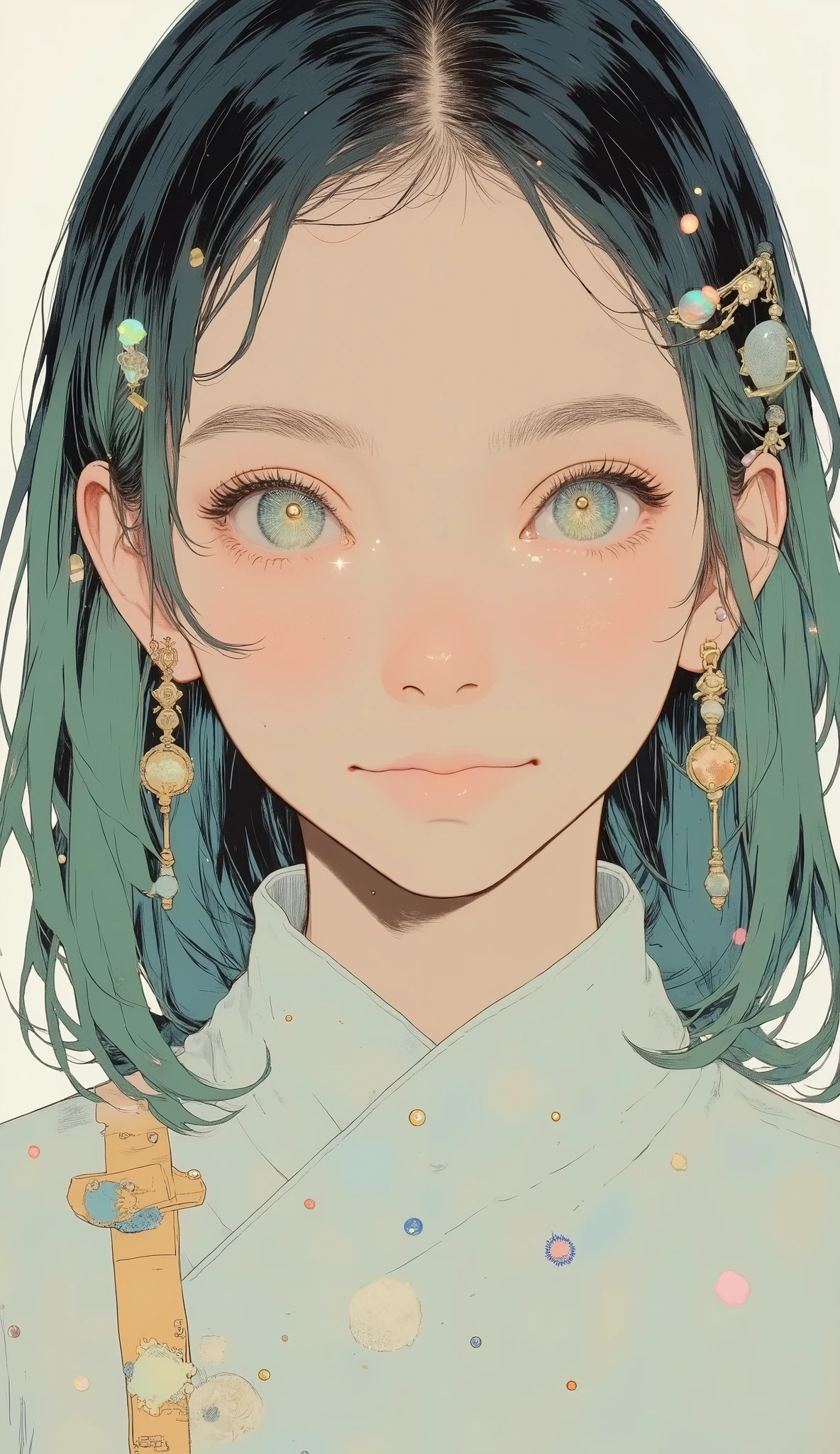 bright colorsと装飾的なパターンを持つ、 Stylized Characters , long flowing green hair with ribbons and ornaments々Use ribbons and ornaments, dynamic and cultural atmosphere, High Quality, 4K, Super Detailed, realistic, HDR, super high resolution, Professional, white background、bright colors, Bokeh、Full Body、